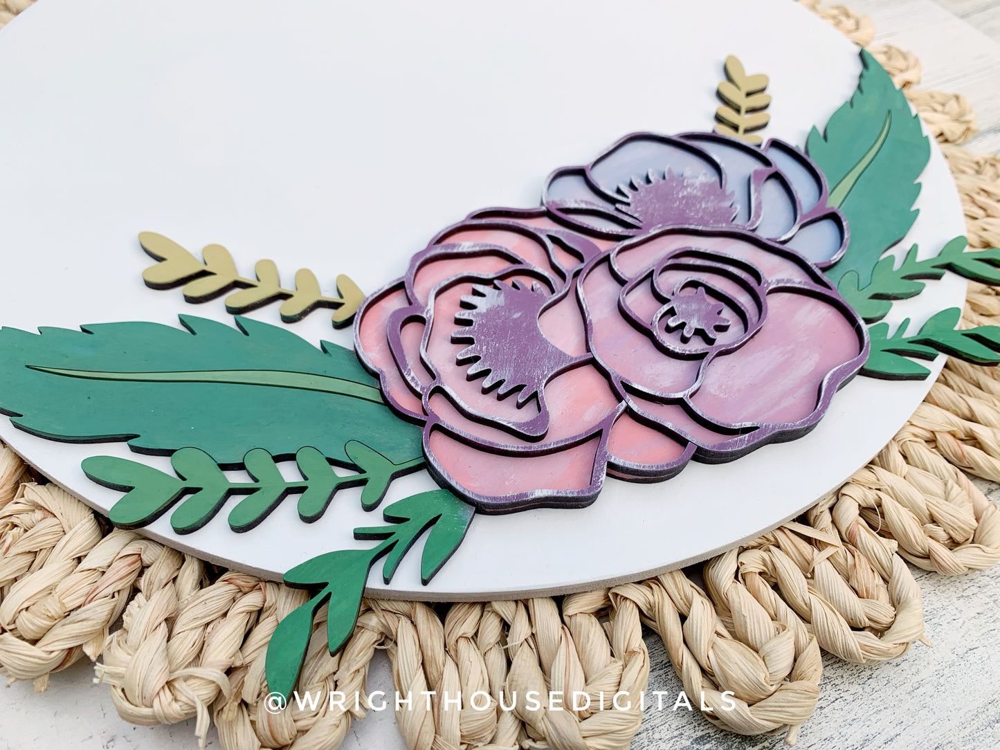 Feathers and Flowers Farmhouse Floral Round - Spring Sign Making and DIY Kits - Layered Cut File For Glowforge Laser - Digital SVG File
