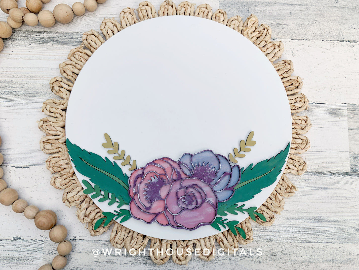Feathers and Flowers Farmhouse Floral Round - Spring Sign Making and DIY Kits - Layered Cut File For Glowforge Laser - Digital SVG File