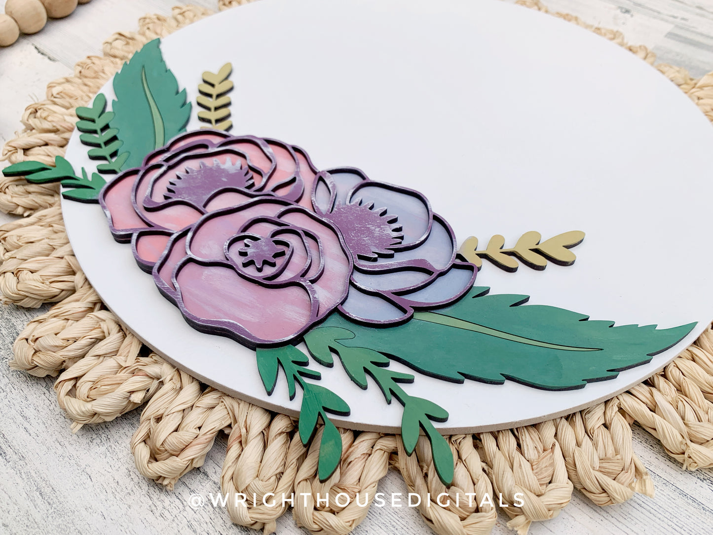 Feathers and Flowers Farmhouse Floral Round - Spring Sign Making and DIY Kits - Layered Cut File For Glowforge Laser - Digital SVG File