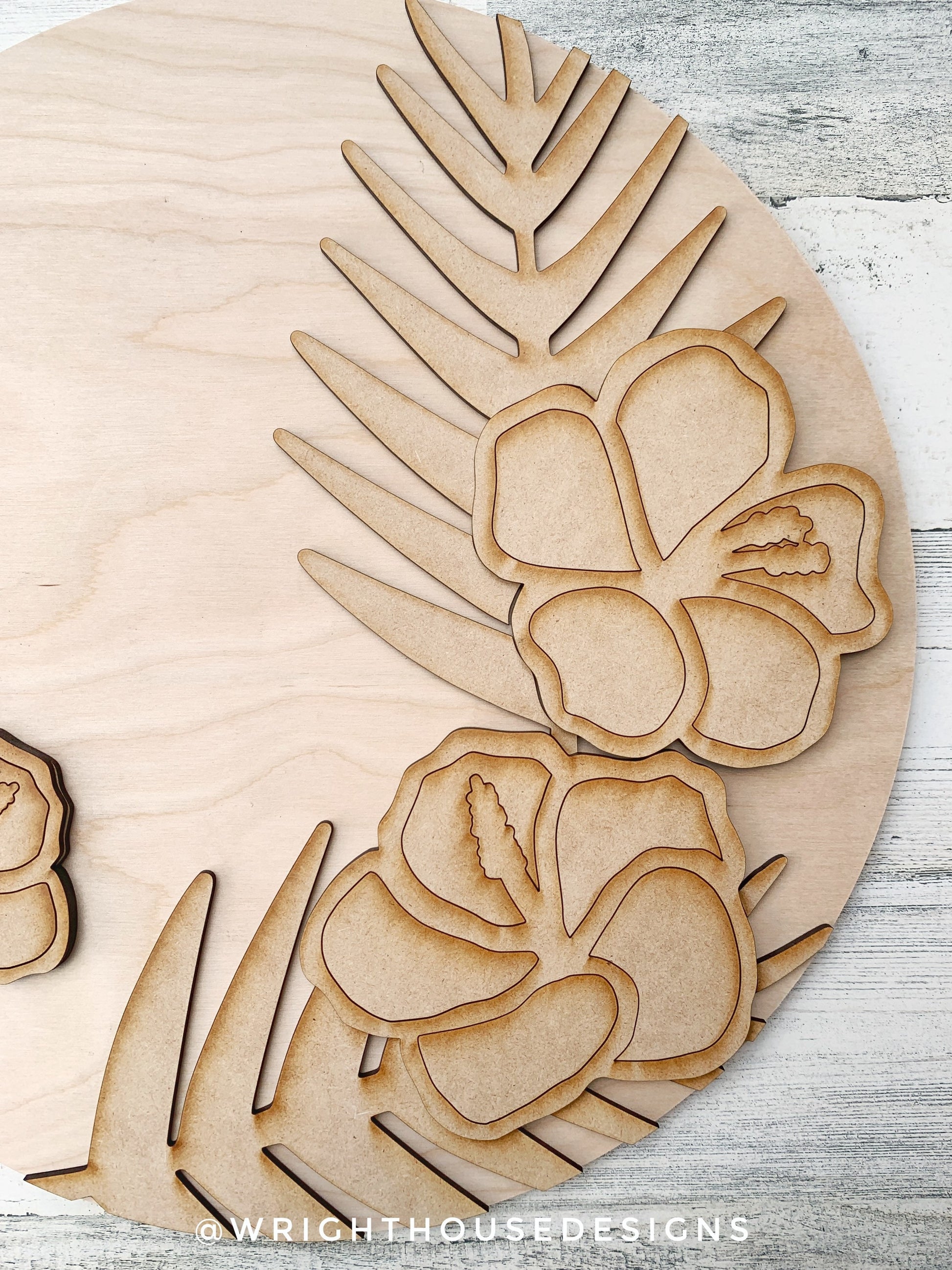 Tropical Hibiscus Palms Summer Door Hanger - Floral Sign Making and DIY Kits - Single Line Cut File For Glowforge Laser - Digital SVG File
