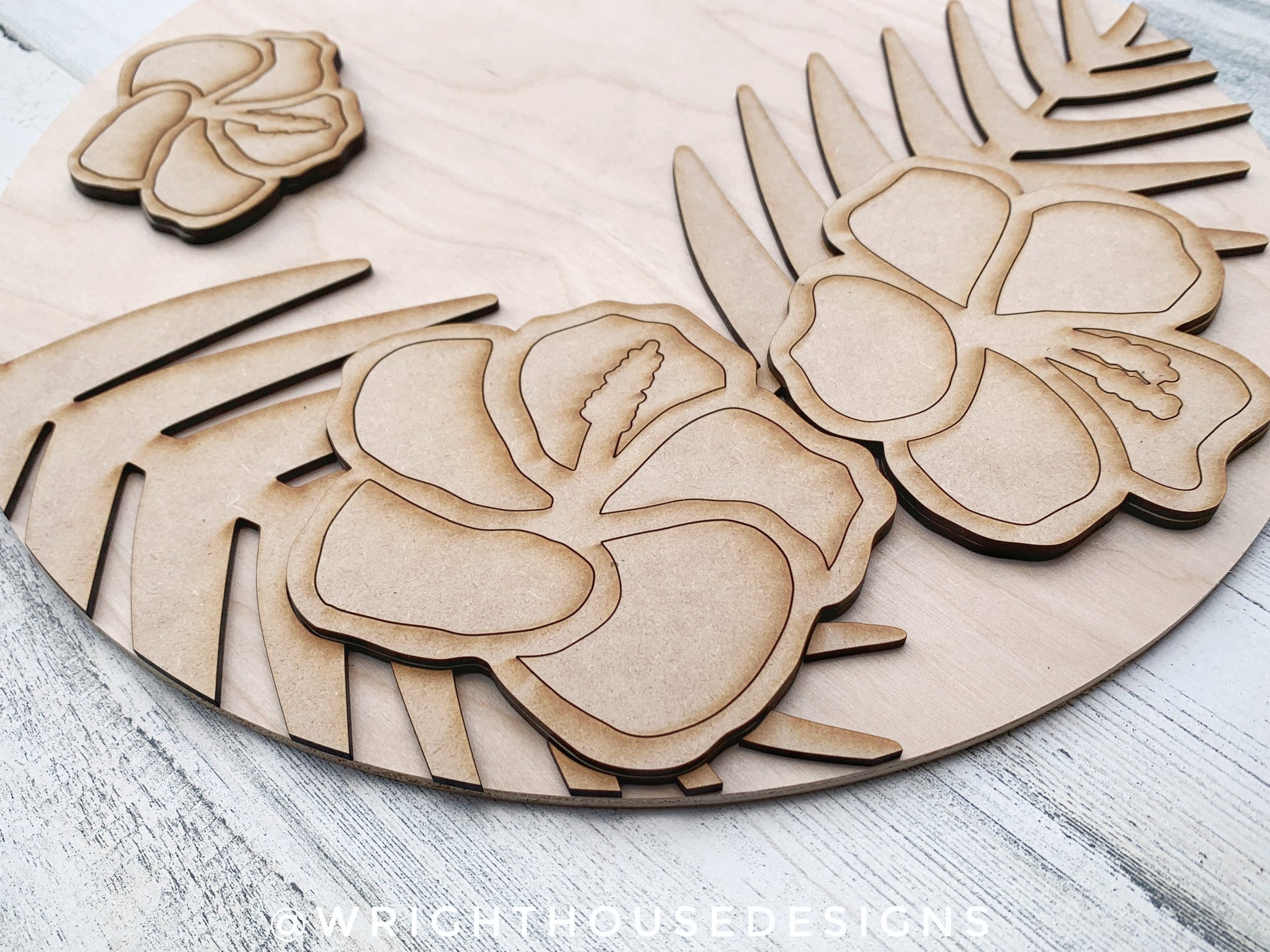 Tropical Hibiscus Palms Summer Door Hanger - Floral Sign Making and DIY Kits - Single Line Cut File For Glowforge Laser - Digital SVG File