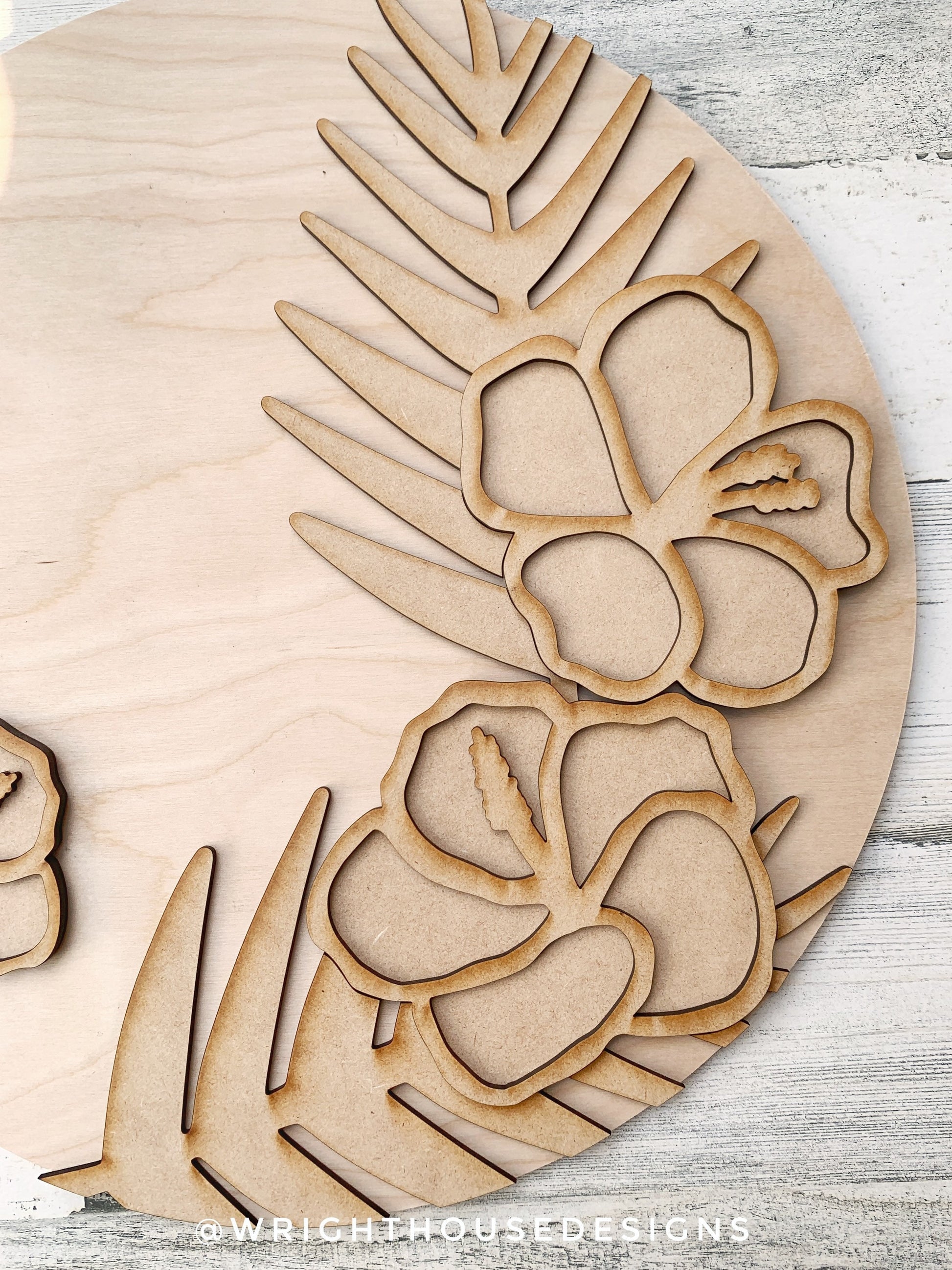 Tropical Hibiscus Palms Summer Door Hanger - Floral Sign Making and DIY Kits - Single Line Cut File For Glowforge Laser - Digital SVG File