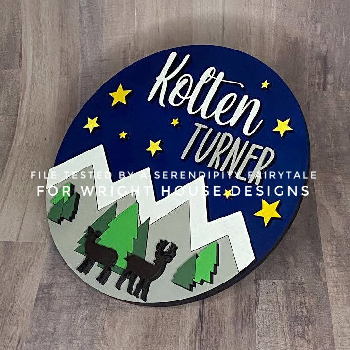 Woodland Deer Mountainscape Baby Nursery Round - Sign Making Home Decor and DIY Kits - Cut File For Glowforge Lasers - Digital SVG File