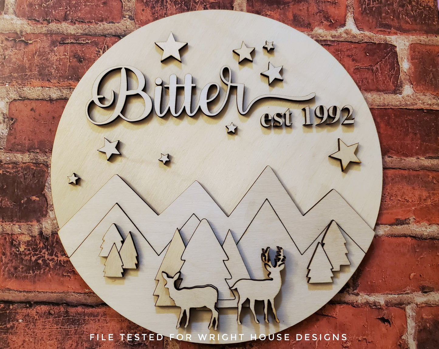 Woodland Deer Mountainscape Baby Nursery Round - Sign Making Home Decor and DIY Kits - Cut File For Glowforge Lasers - Digital SVG File