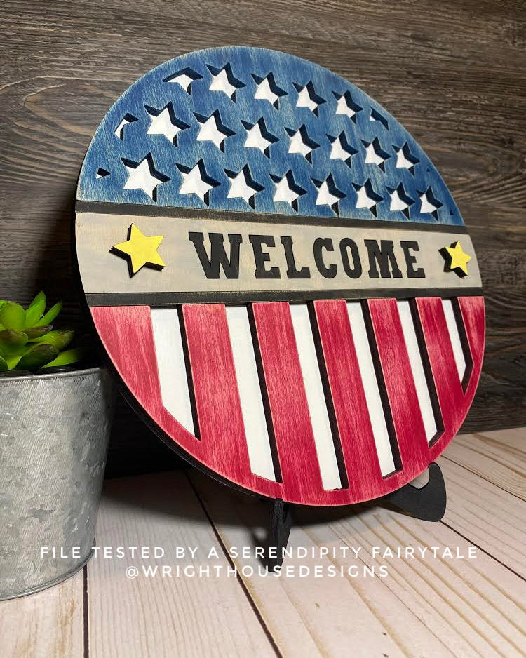Interchangeable American Flag Summer Door Hanger Round - Sign Making and DIY Kits - Cut File For Glowforge Lasers - Digital SVG File