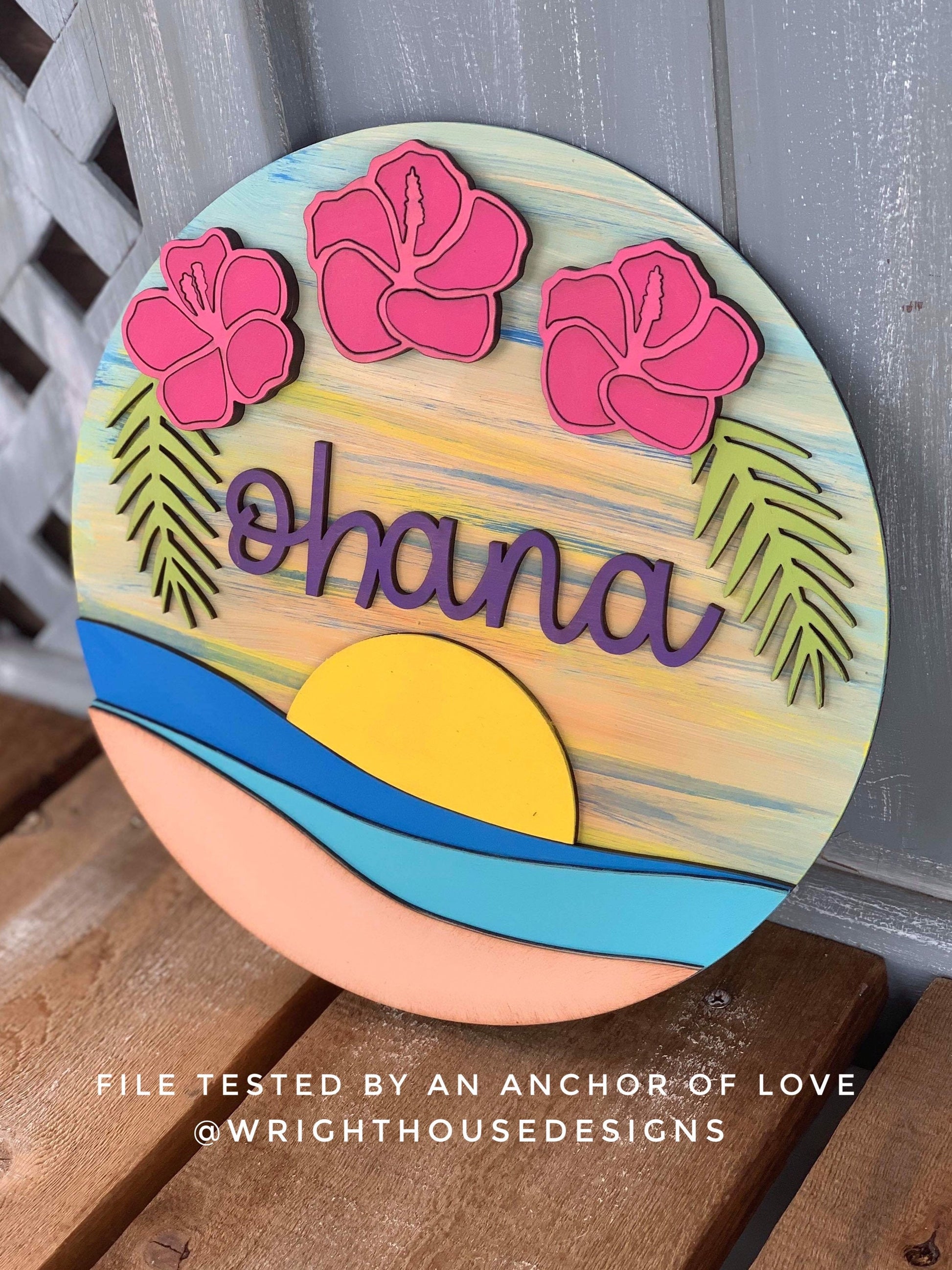 Ohana Hibiscus Sunset Beach Door Hanger - Summer Floral Sign Making and DIY Kits - Cut File For Glowforge Laser - Digital SVG File