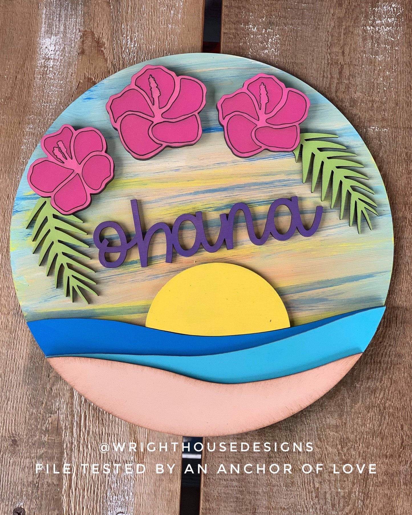 Ohana Hibiscus Sunset Beach Door Hanger - Summer Floral Sign Making and DIY Kits - Cut File For Glowforge Laser - Digital SVG File