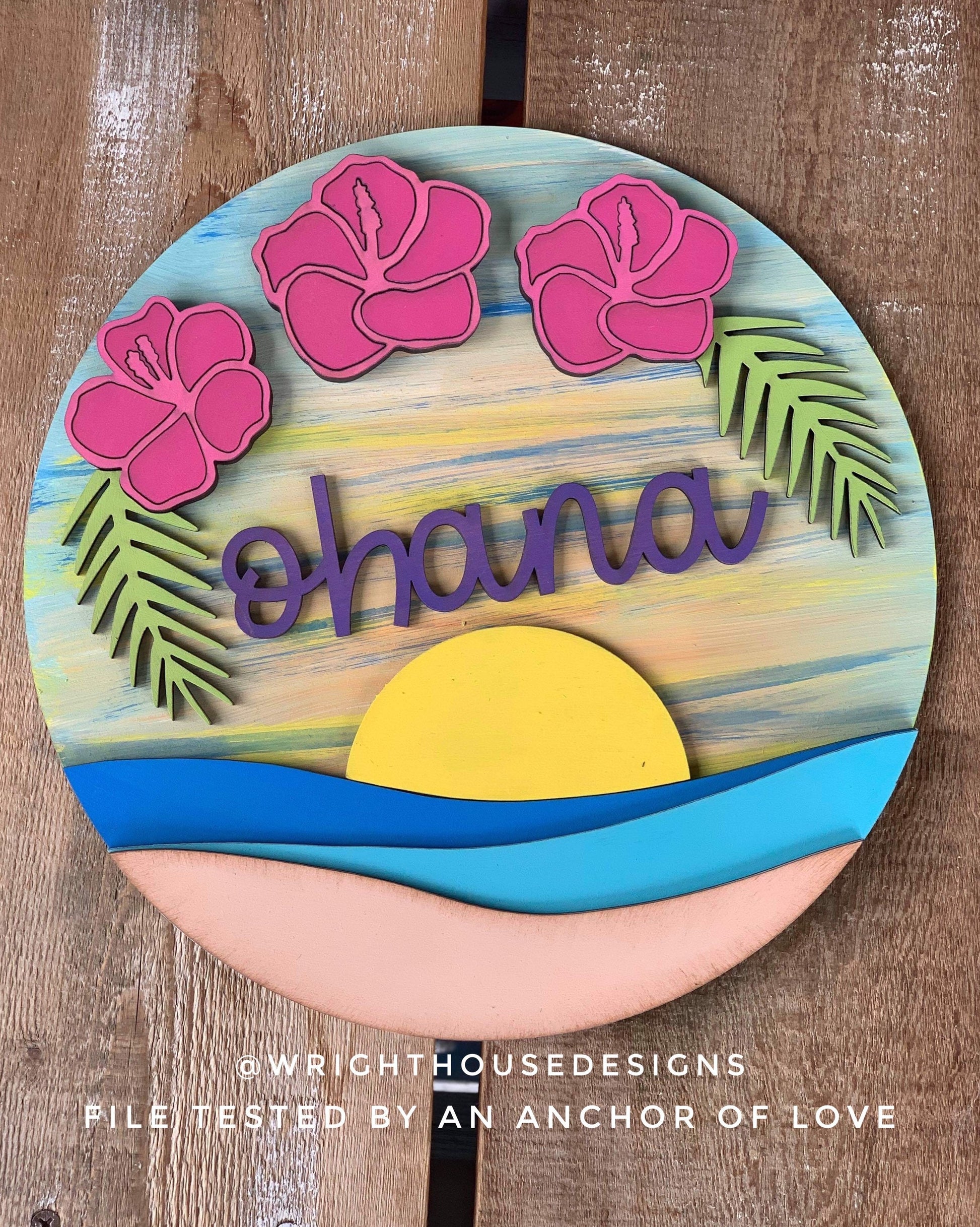 Ohana Hibiscus Sunset Beach Door Hanger - Summer Floral Sign Making and DIY Kits - Cut File For Glowforge Laser - Digital SVG File