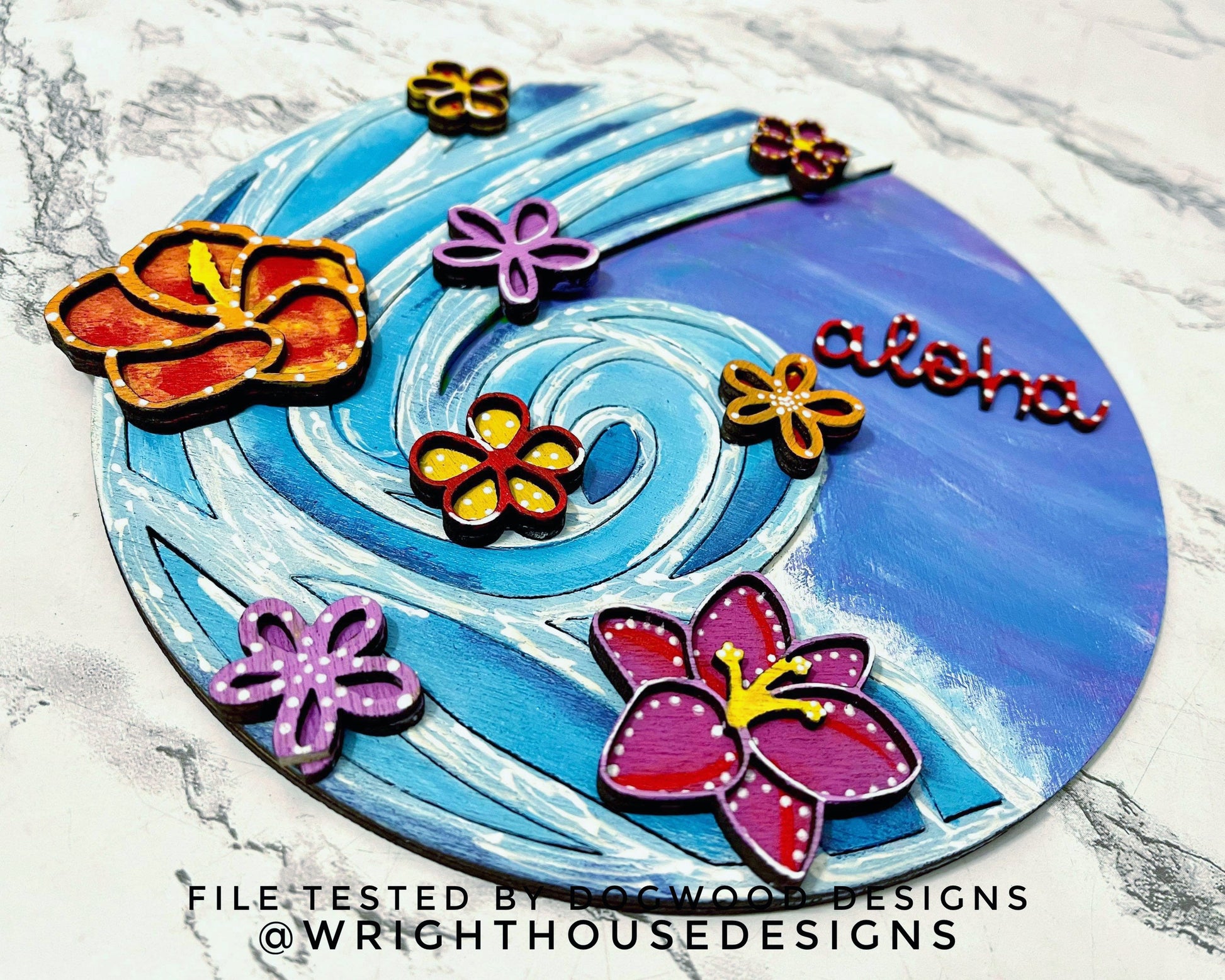 Aloha Waterfall Door Hanger Round - Summer Floral Sign Making and DIY Kits - Single Line Cut File For Glowforge Laser - Digital SVG File