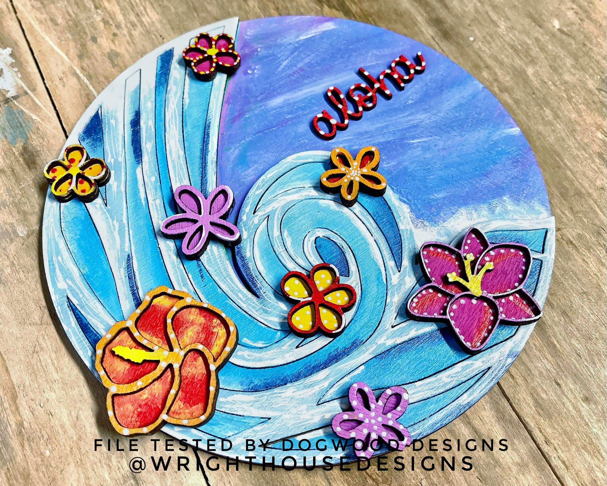 Aloha Waterfall Door Hanger Round - Summer Floral Sign Making and DIY Kits - Single Line Cut File For Glowforge Laser - Digital SVG File