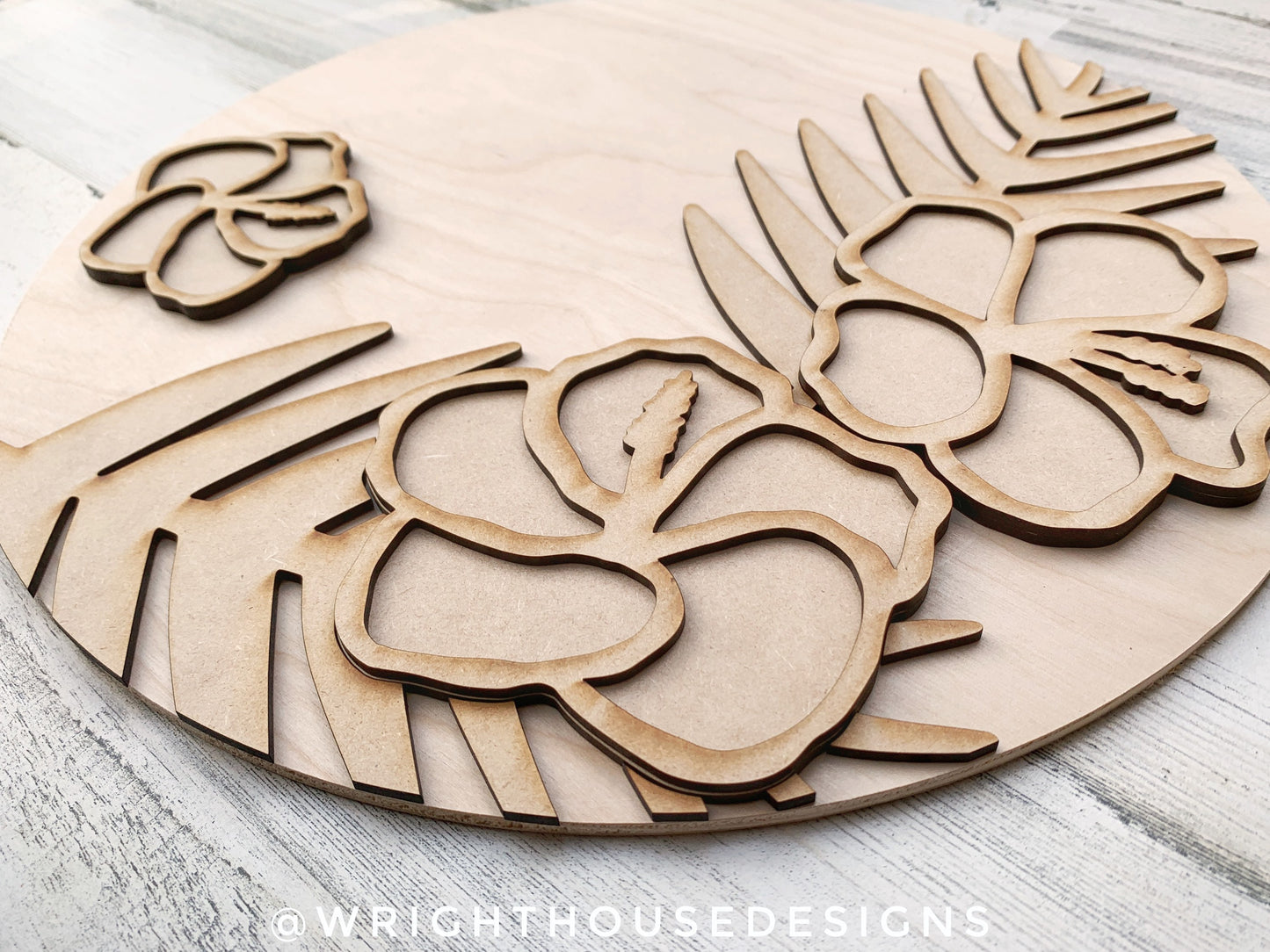 Tropical Hibiscus Palms Summer Door Hanger - Floral Sign Making and DIY Kits - Single Line Cut File For Glowforge Laser - Digital SVG File