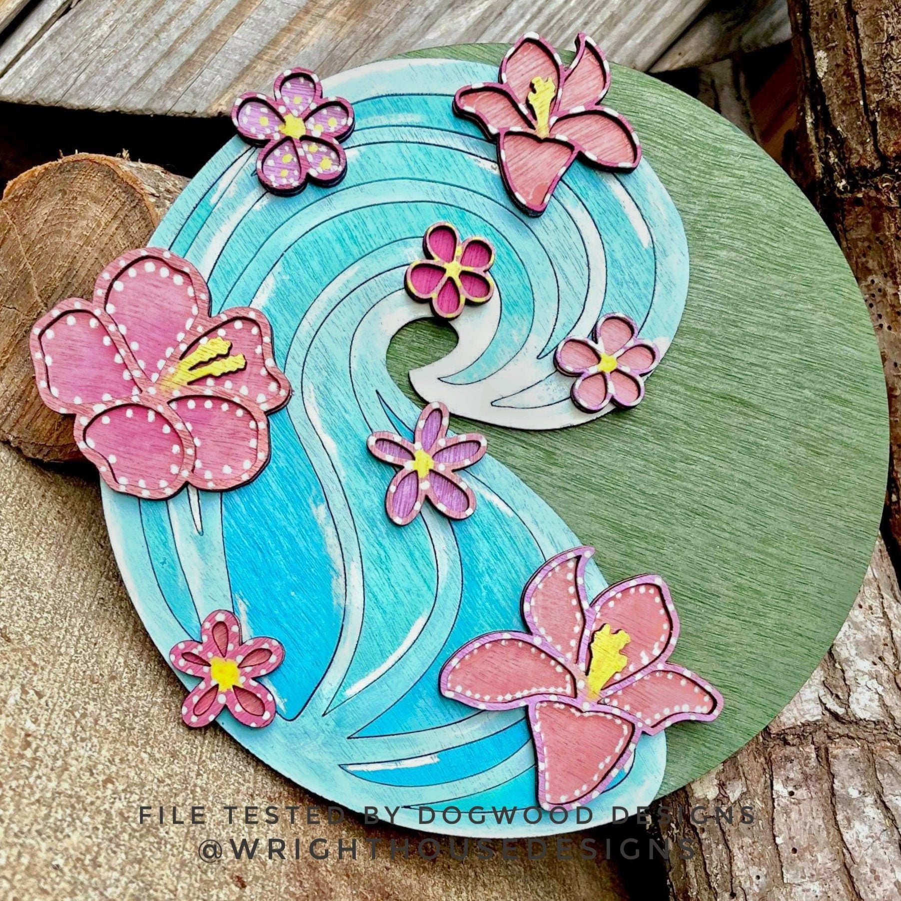 Shaka Tropical Waves Hibiscus Door Hanger - Summer Floral Sign Making and DIY Kits - Cut File For Glowforge Laser - Digital SVG File
