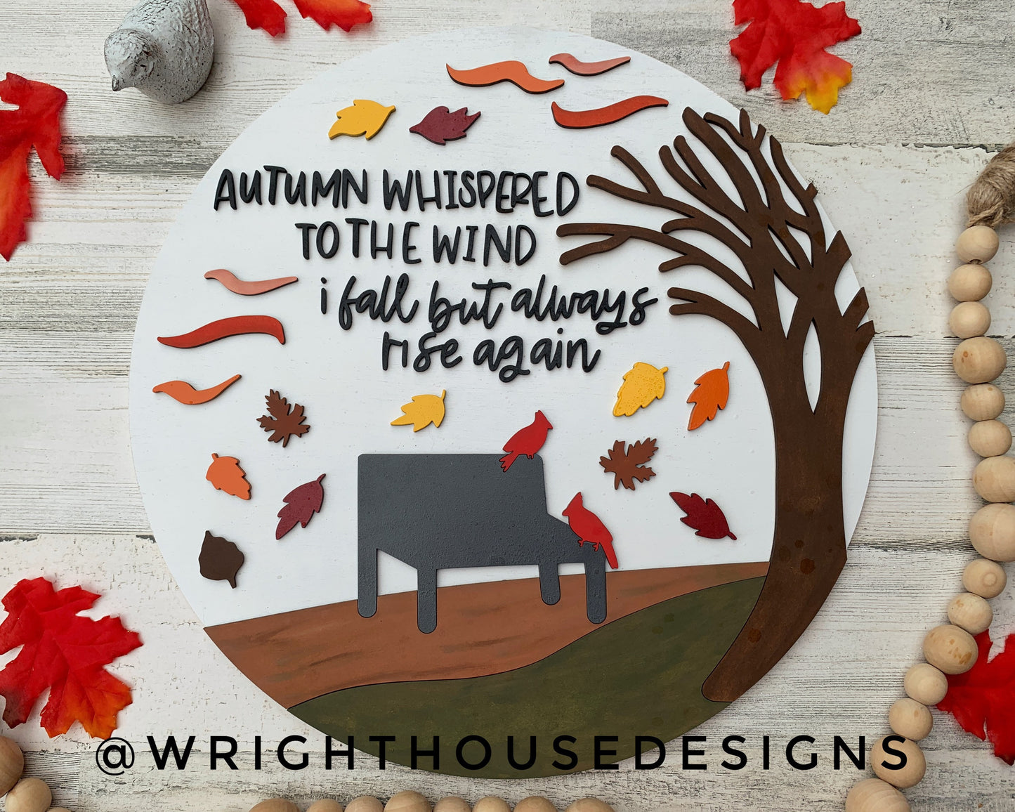 Windy Autumn Day Leaf and Cardinal Door Hanger Round - Seasonal Sign Making and DIY Kits - Cut File For Glowforge Laser - Digital SVG File