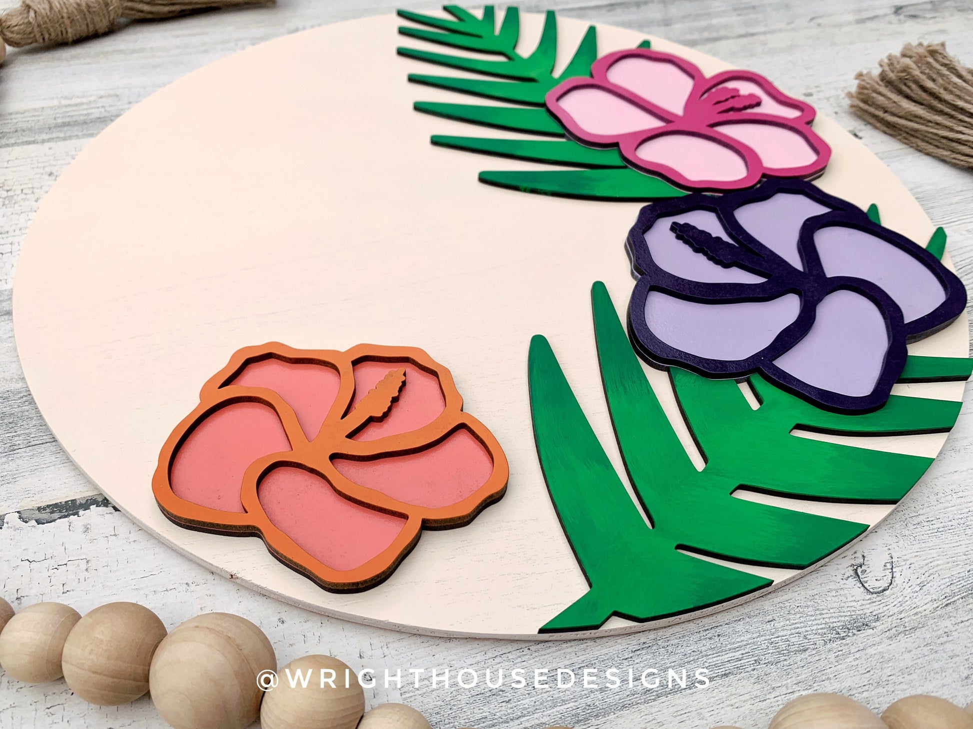 Tropical Hibiscus Palms Summer Door Hanger - Floral Sign Making and DIY Kits - Single Line Cut File For Glowforge Laser - Digital SVG File