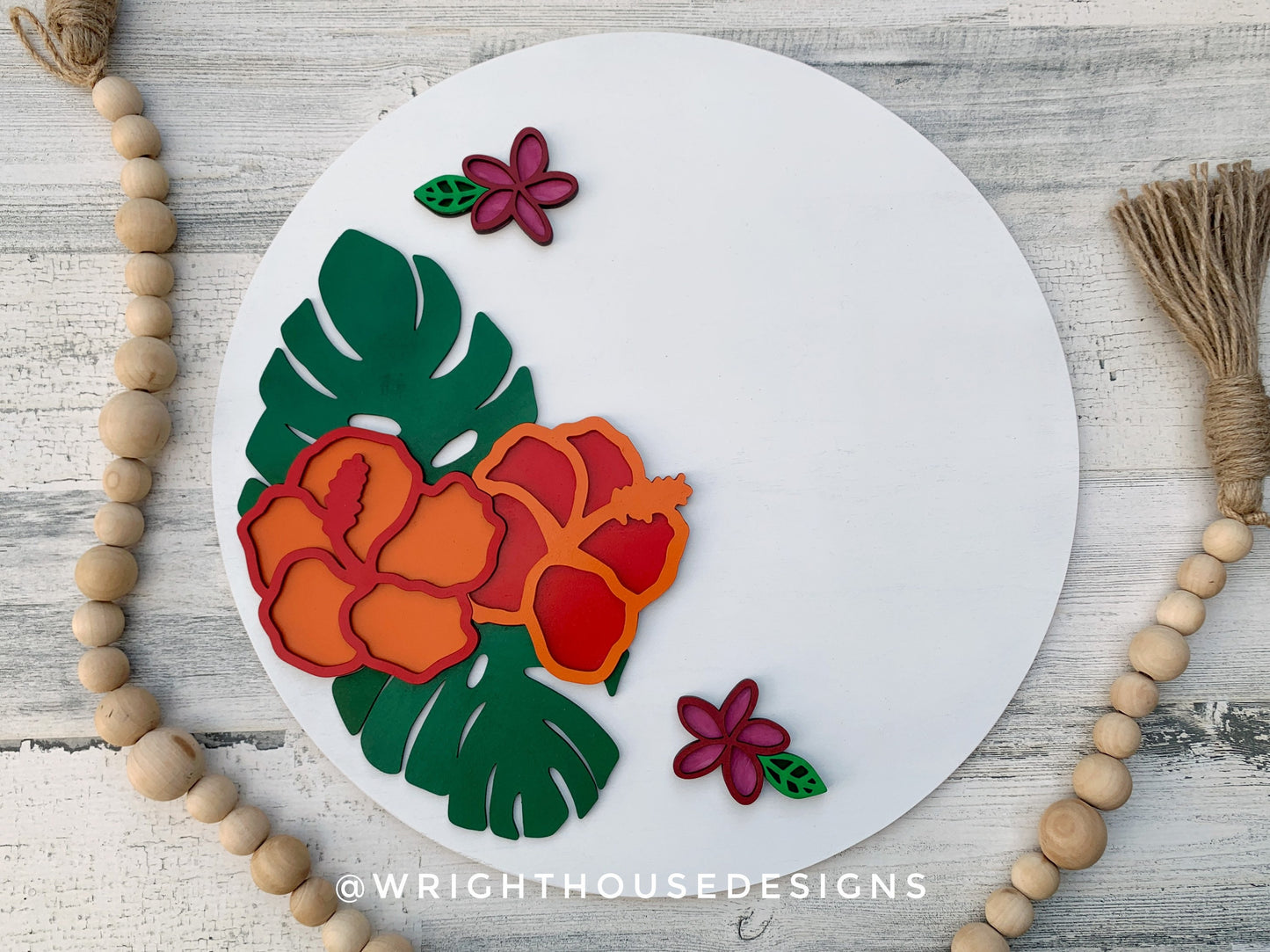 Monstera Hibiscus Plumeria Door Round - Summer Floral Sign Making and DIY Kits - Single Line Cut File For Glowforge Laser - Digital SVG File