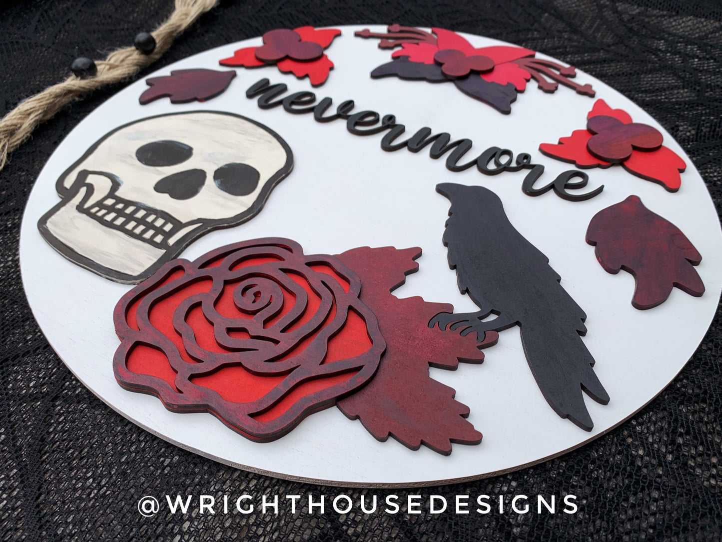 Nevermore Skull and Raven Halloween Door Hanger Round - Seasonal Sign Making and DIY Kits - Cut File For Glowforge Lasers - Digital SVG File