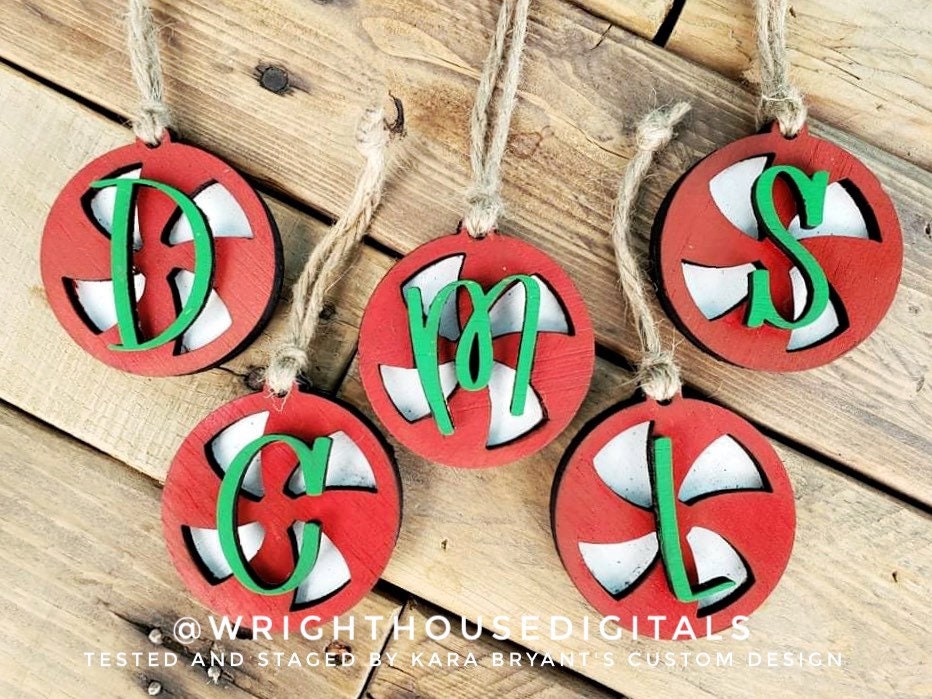 Peppermint Swirl Monogram Stocking Tags Christmas Ornament Bundle - Gift Bag Tag Set - Quick Cut File For Glowforge Laser - Digital SVG File