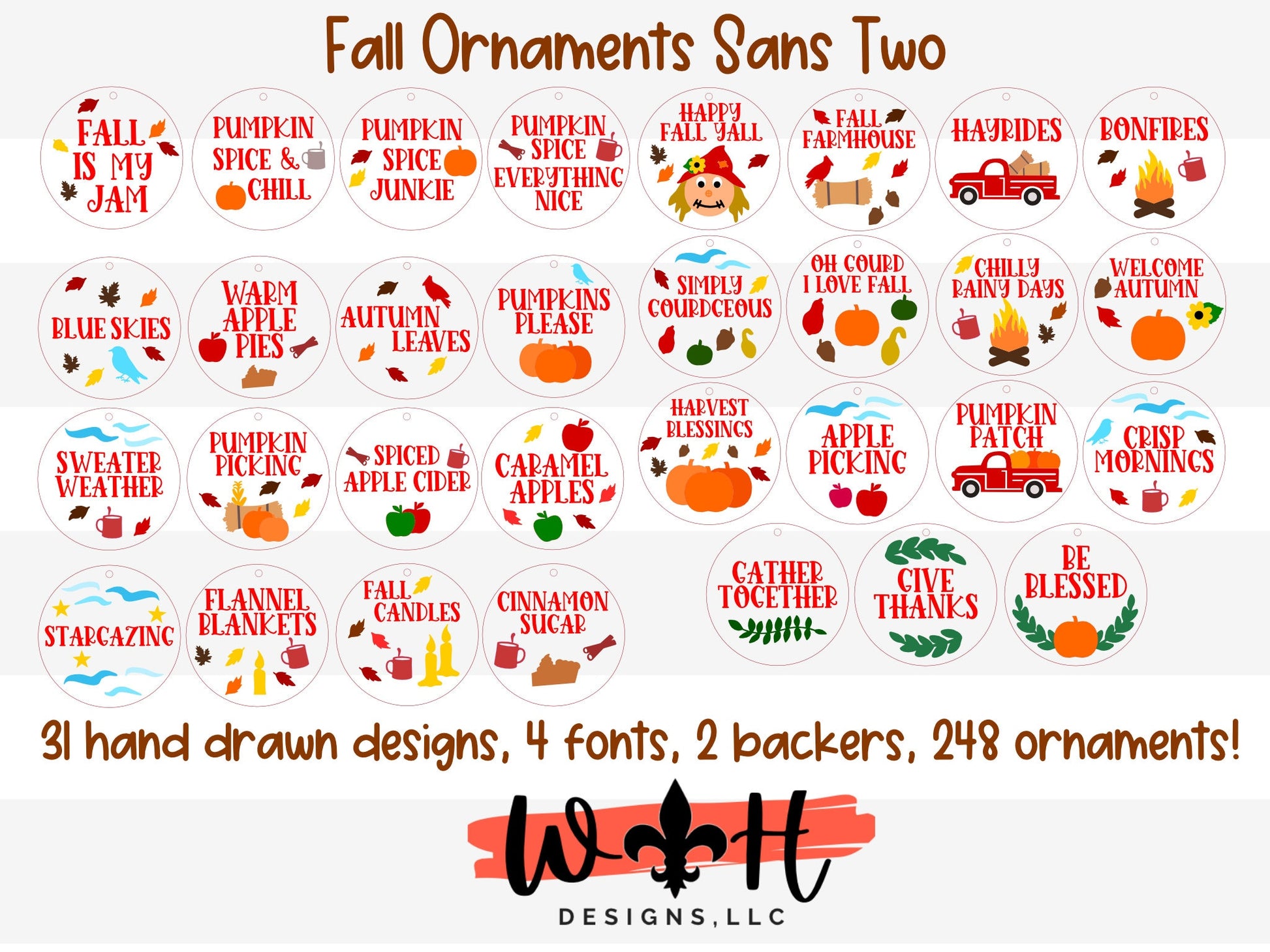 Farmhouse Fall Traditions Ornament Bundle - Handdrawn Tokens for Fall - Files for Cutting Machines and Glowforge Lasers - Digital SVG File