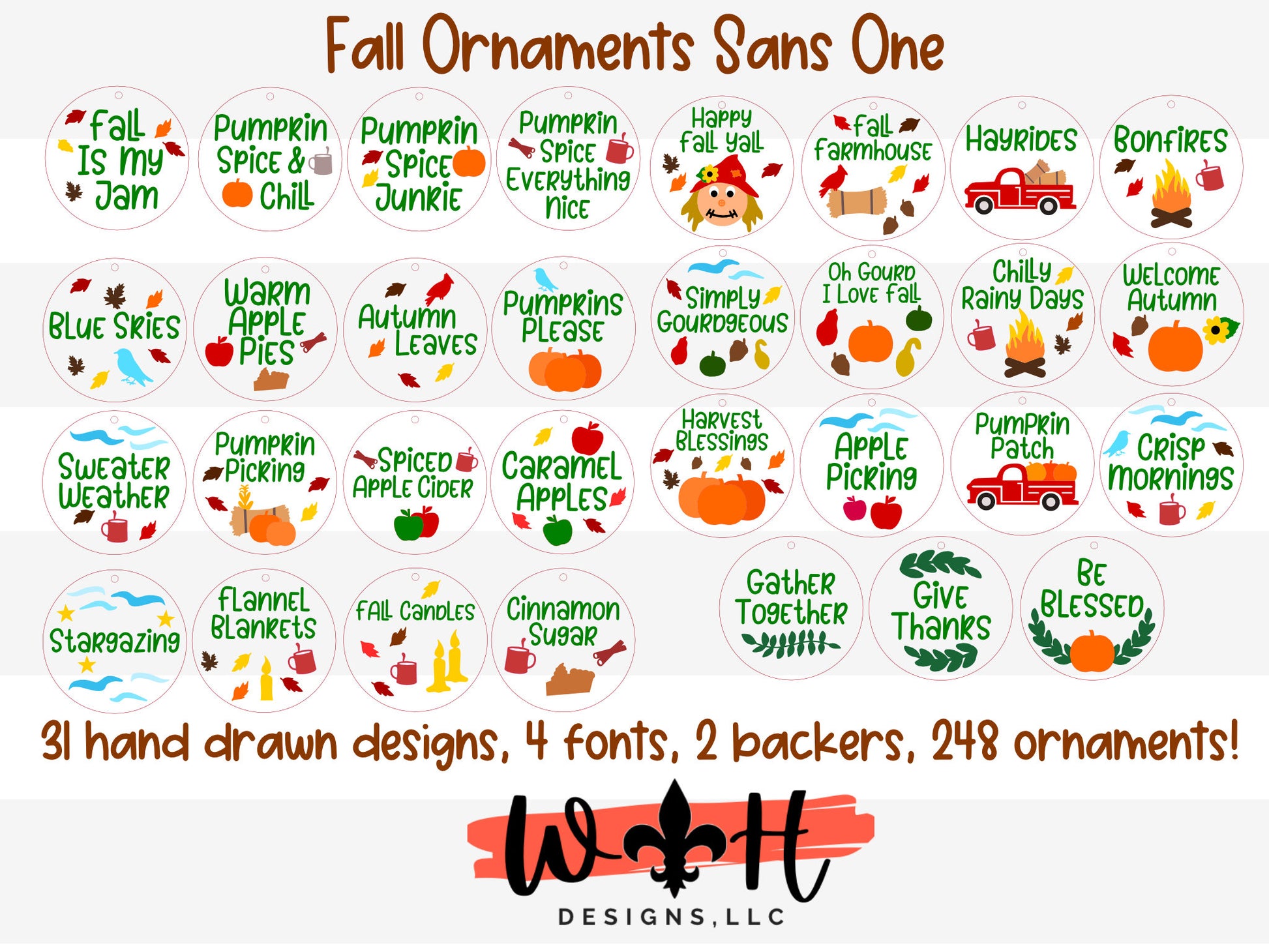 Farmhouse Fall Traditions Ornament Bundle - Handdrawn Tokens for Fall - Files for Cutting Machines and Glowforge Lasers - Digital SVG File