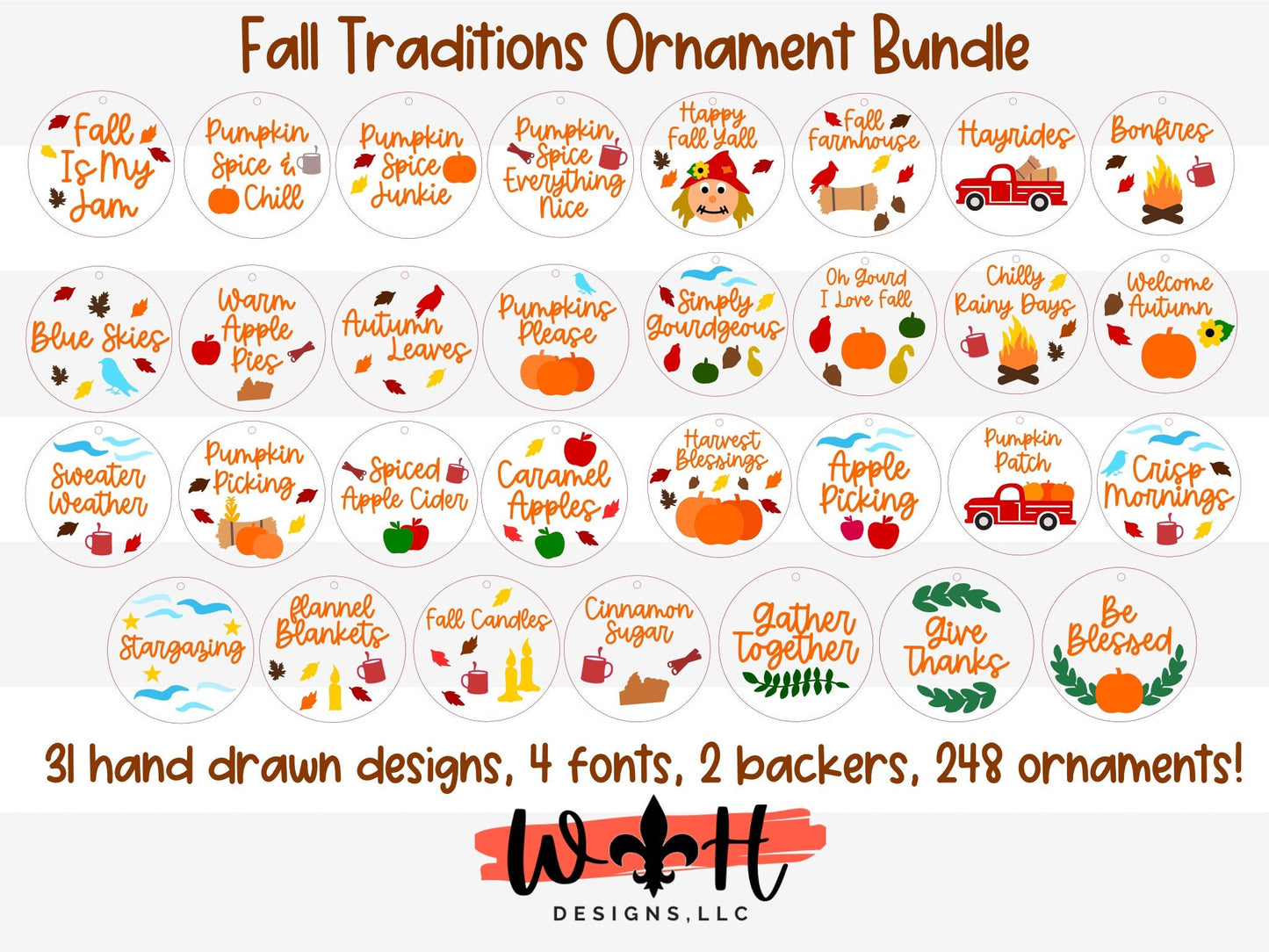 Farmhouse Fall Traditions Ornament Bundle - Handdrawn Tokens for Fall - Files for Cutting Machines and Glowforge Lasers - Digital SVG File