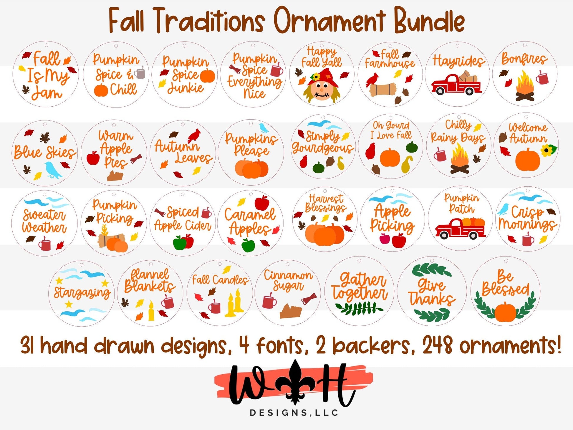 Farmhouse Fall Traditions Ornament Bundle - Handdrawn Tokens for Fall - Files for Cutting Machines and Glowforge Lasers - Digital SVG File