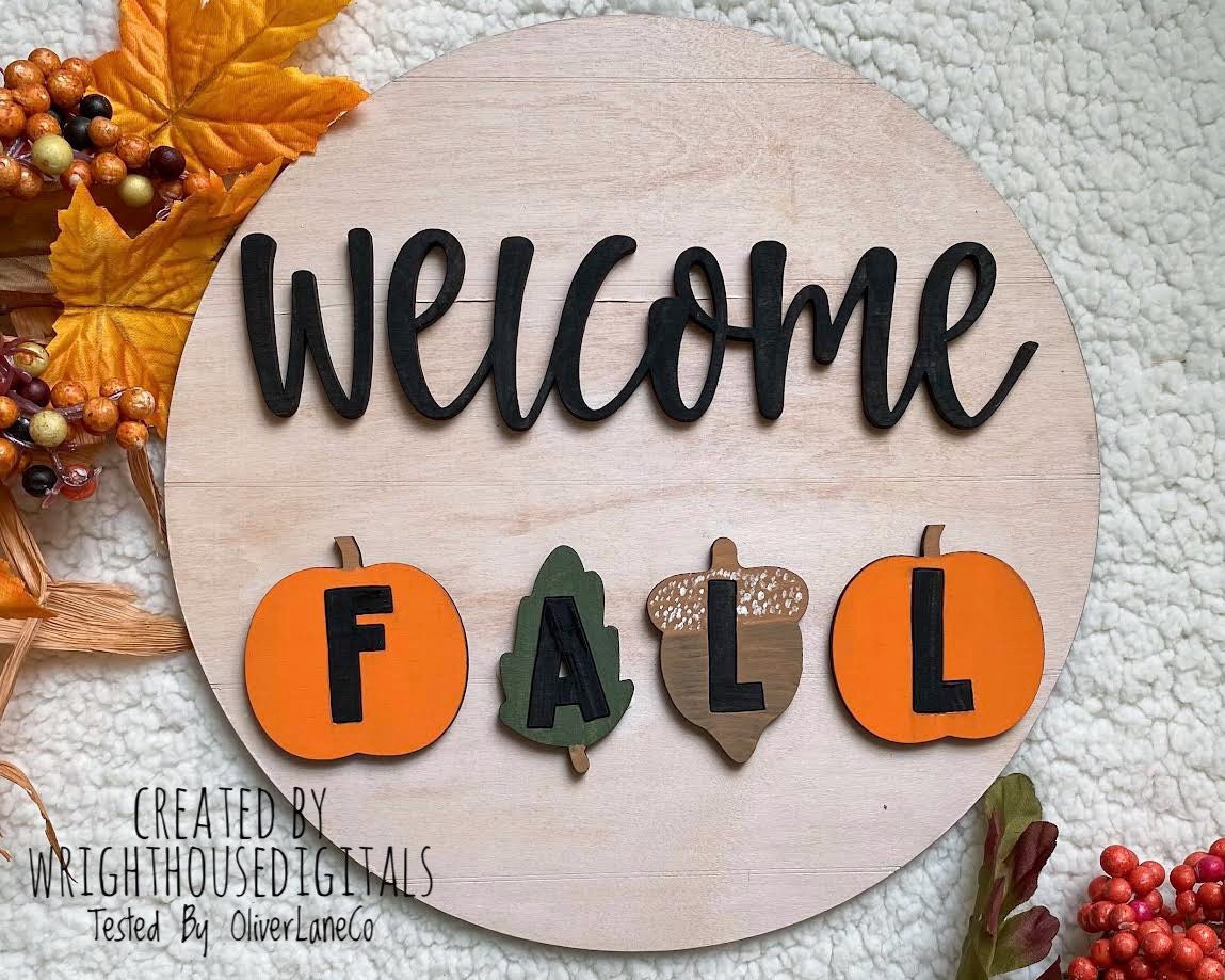 Welcome Fall In Pumpkins Door Hanger Round - Seasonal Sign Making and DIY Kits - Cut File For Glowforge Laser - Digital SVG File