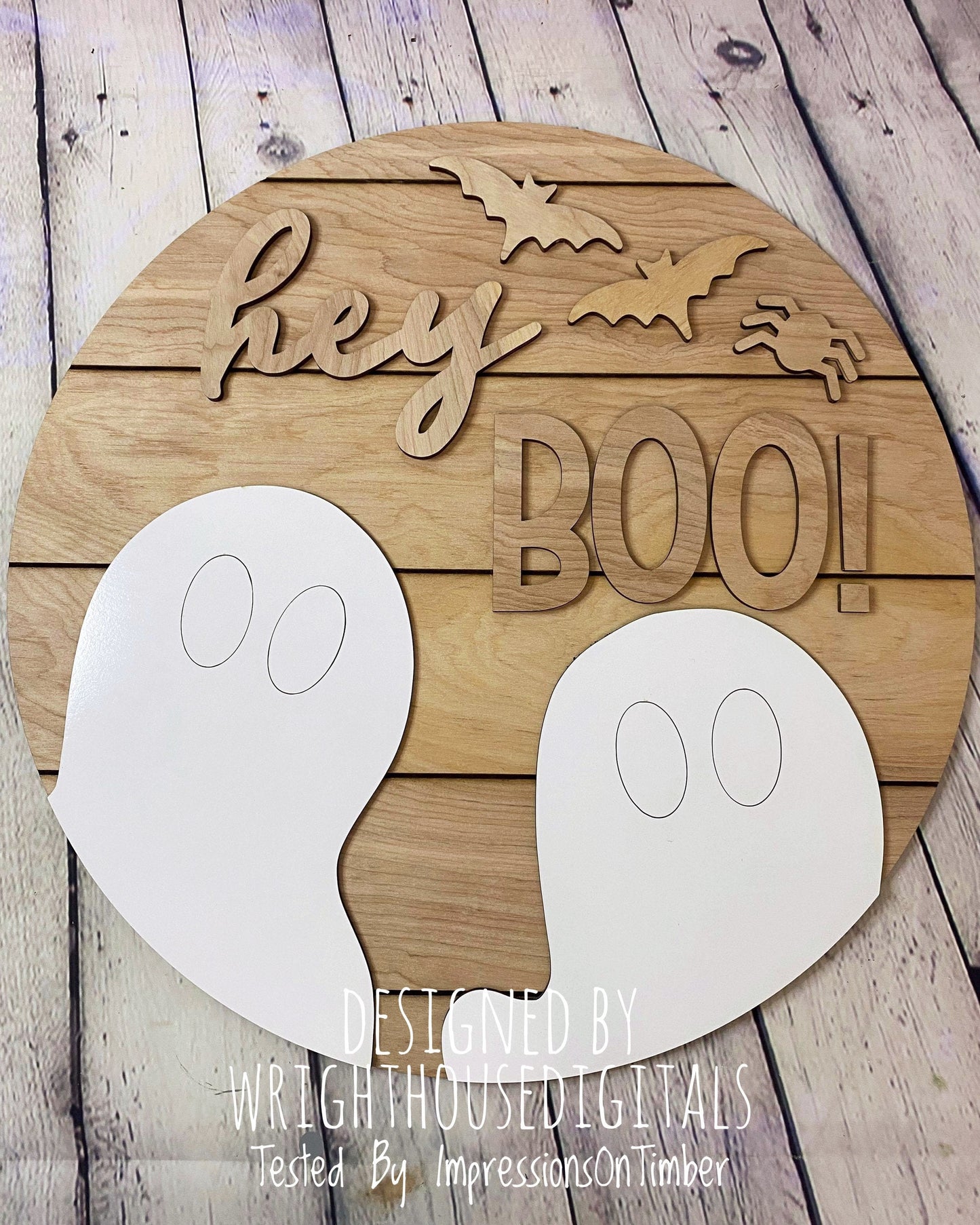 Hey Boo Ghost and Bats Halloween Round - Seasonal Sign Making and DIY Kits - Cut File For Glowforge Lasers - Digital SVG File