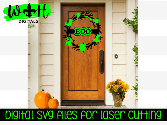 Boo Beware Halloween Wreath Door Hanger - Seasonal Sign Making and DIY Kits - Cut File For Glowforge Lasers - Digital SVG File