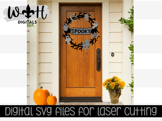 Haunted Spooky Halloween Wreath Door Hanger - Seasonal Sign Making and DIY Kits - Cut File For Glowforge Lasers - Digital SVG File