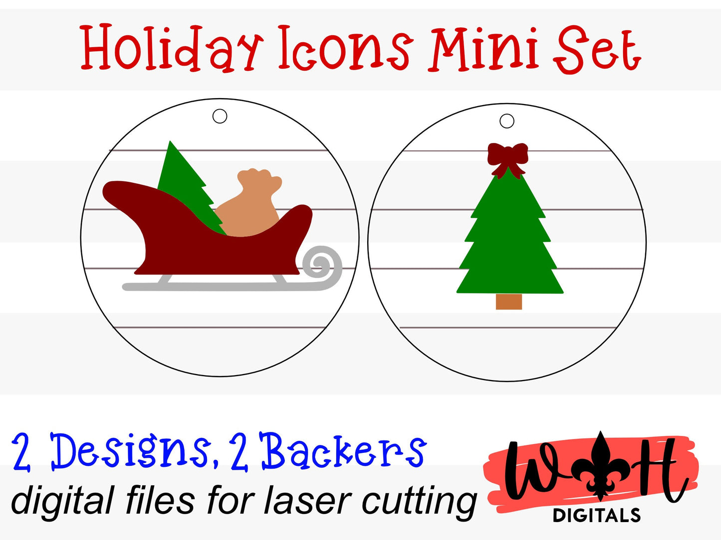 Holiday Icons Santa Sleigh and Pine Tree - Modern Farmhouse Mini Ornament Set - Personalizable Cut File For Glowforge - Digital SVG File