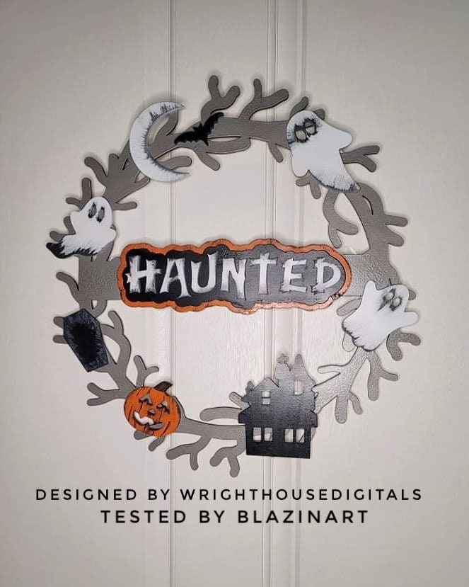 Haunted Spooky Halloween Wreath Door Hanger - Seasonal Sign Making and DIY Kits - Cut File For Glowforge Lasers - Digital SVG File