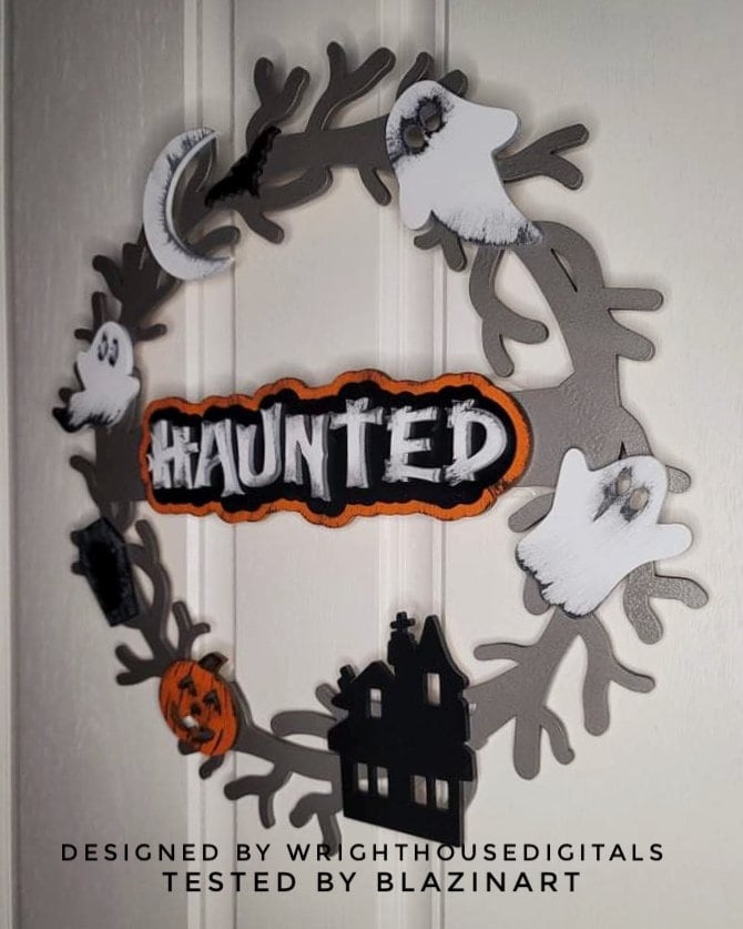 Haunted Spooky Halloween Wreath Door Hanger - Seasonal Sign Making and DIY Kits - Cut File For Glowforge Lasers - Digital SVG File