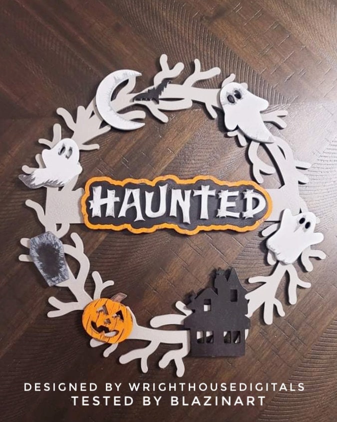 Haunted Spooky Halloween Wreath Door Hanger - Seasonal Sign Making and DIY Kits - Cut File For Glowforge Lasers - Digital SVG File