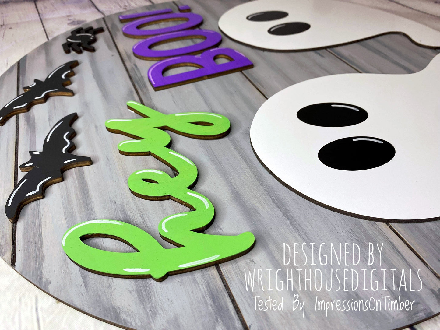 Hey Boo Ghost and Bats Halloween Round - Seasonal Sign Making and DIY Kits - Cut File For Glowforge Lasers - Digital SVG File