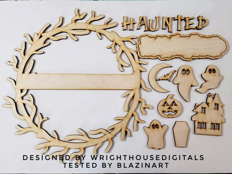 Haunted Spooky Halloween Wreath Door Hanger - Seasonal Sign Making and DIY Kits - Cut File For Glowforge Lasers - Digital SVG File