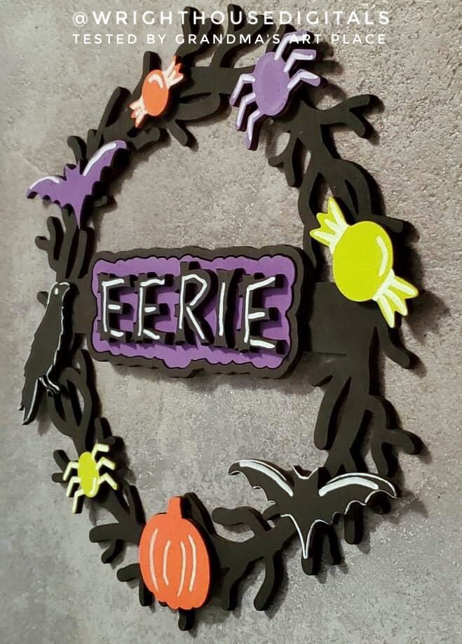 Eeek Eerie Halloween Wreath Door Hanger - Seasonal Sign Making and DIY Kits - Cut File For Glowforge Lasers - Digital SVG File
