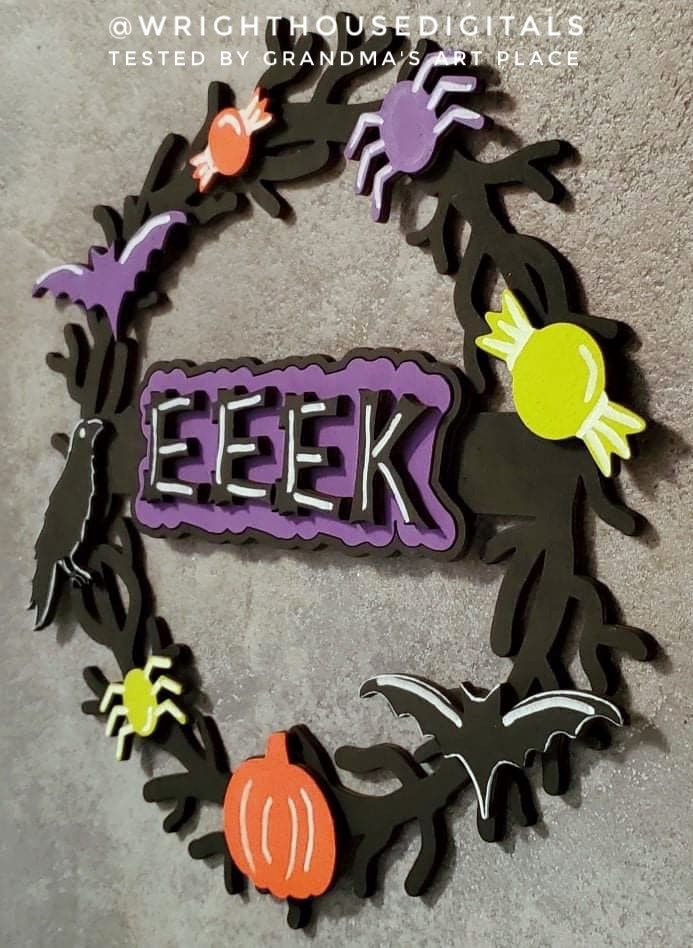 Eeek Eerie Halloween Wreath Door Hanger - Seasonal Sign Making and DIY Kits - Cut File For Glowforge Lasers - Digital SVG File