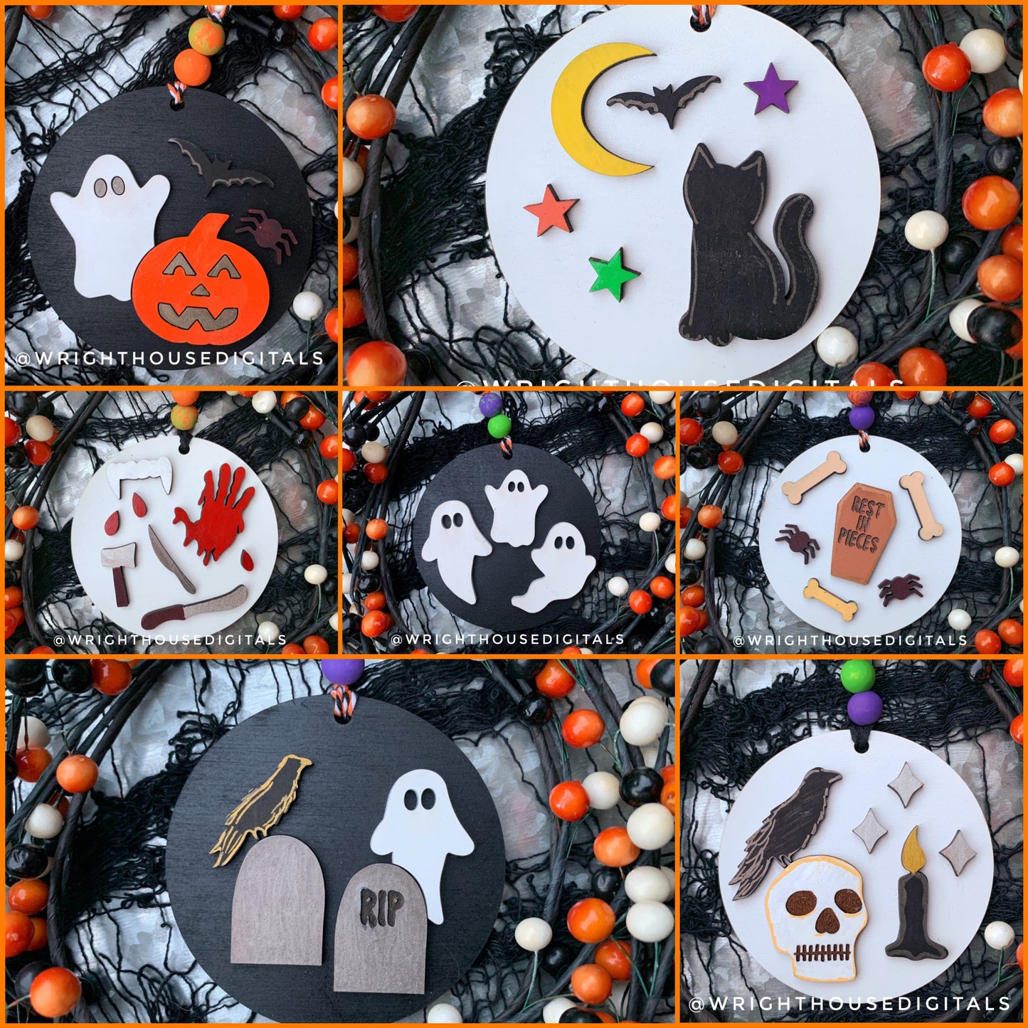 Halloween Icons Ornament Bundle - Spooky Handdrawn Personalizable DIY Doodle Ornaments - Cut File For Glowforge Lasers - Digital SVG File