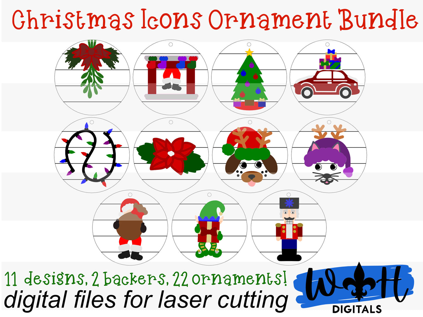 Christmas Icons Ornament Bundle - Personalizable Modern Farmhouse Christmas Ornaments - Cut File For Glowforge Lasers - Digital SVG File