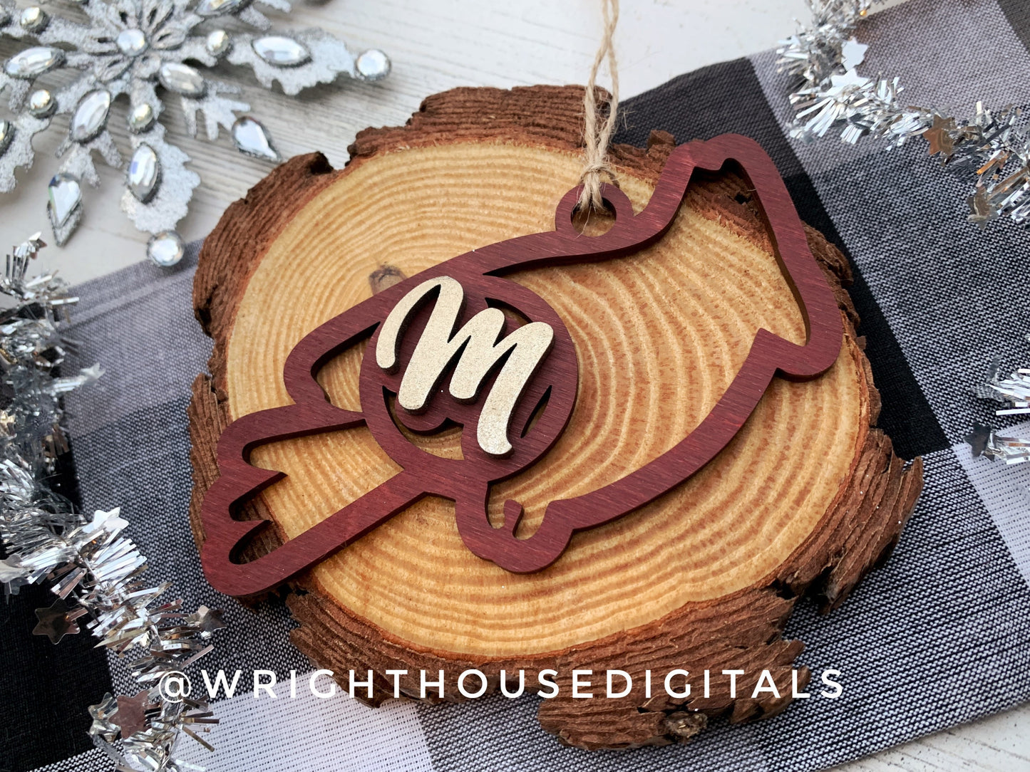 Cardinal Monogram Memorial Christmas Ornament Bundle - Personalized Stocking Tags - Quick Cut File For Glowforge Lasers - Digital SVG File