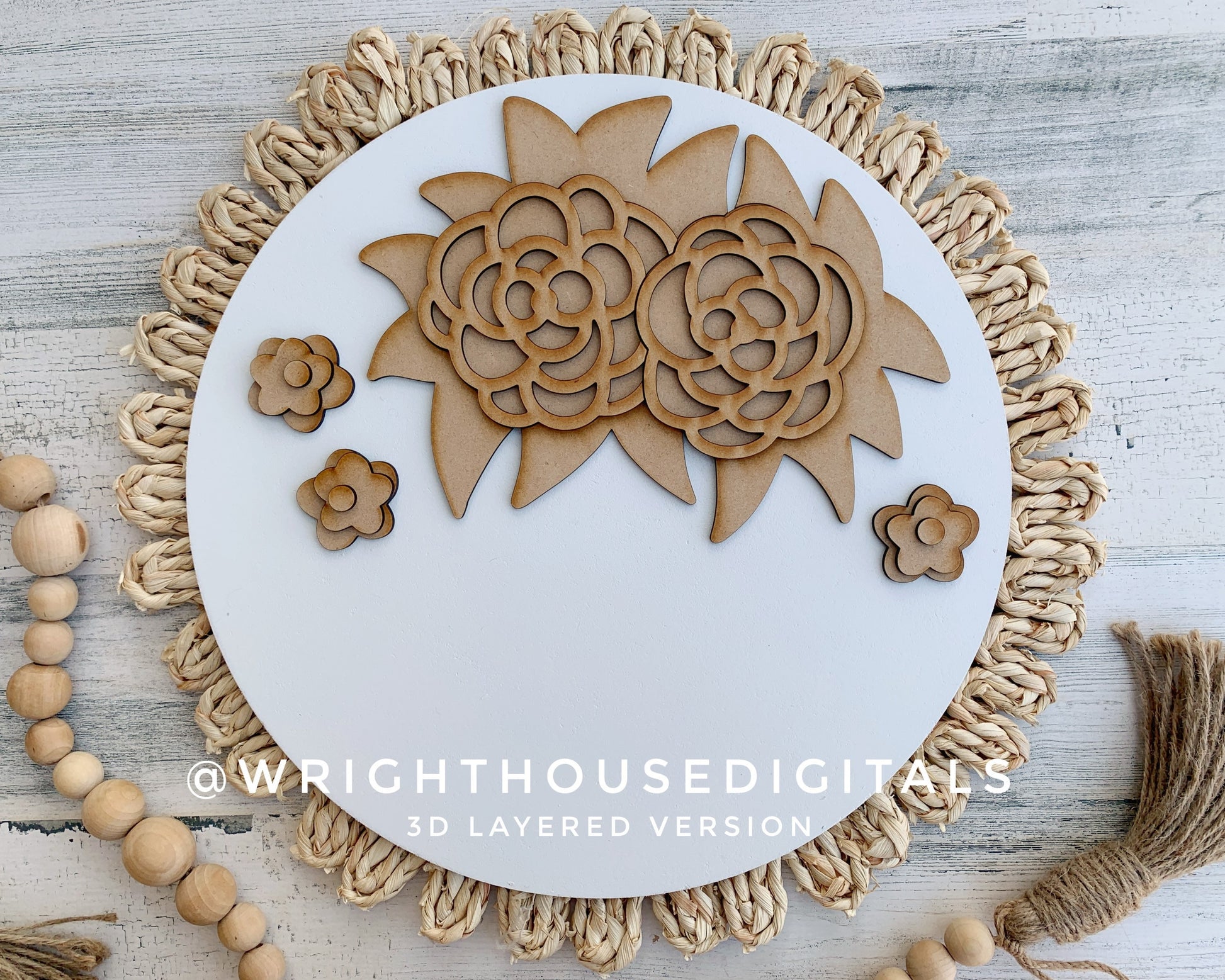 Tropical Summer Roses and Greenery Door Hanger Round - Floral Sign Making and DIY Kits - Cut File For Glowforge Laser - Digital SVG File