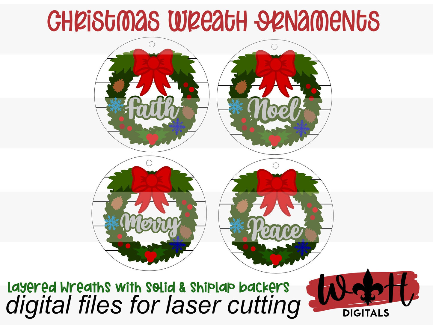 Layered Christmas Word Wreath Ornament Set - Faith Merry Peace Noel - Handdrawn Cut File For Glowforge Lasers - Digital SVG File
