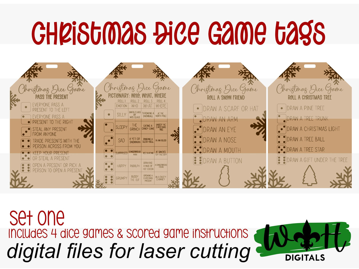 Christmas Dice Game Tags Set 1 - Laser Engraved Stocking Stuffer Gifts - Pass The Present - Cut File For Glowforge Lasers - Digital SVG File