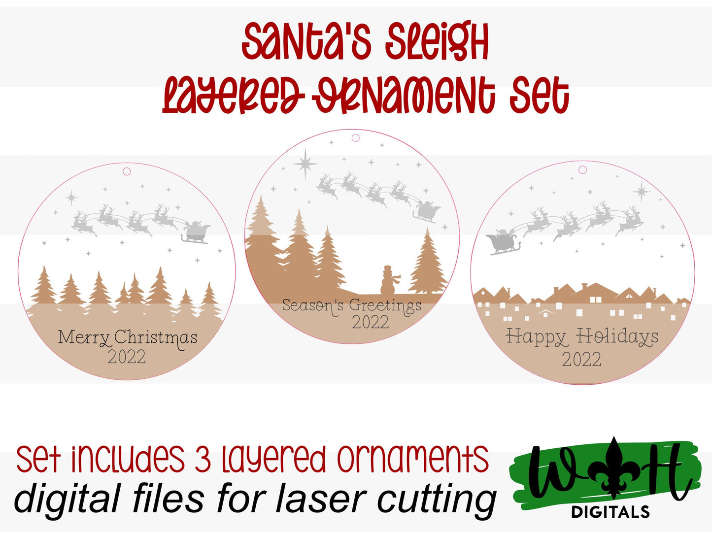 Santa's Sleigh Layered Christmas Ornament Set - Engraved Personalized Christmas Ornaments - Cut File For Glowforge Lasers - Digital SVG File