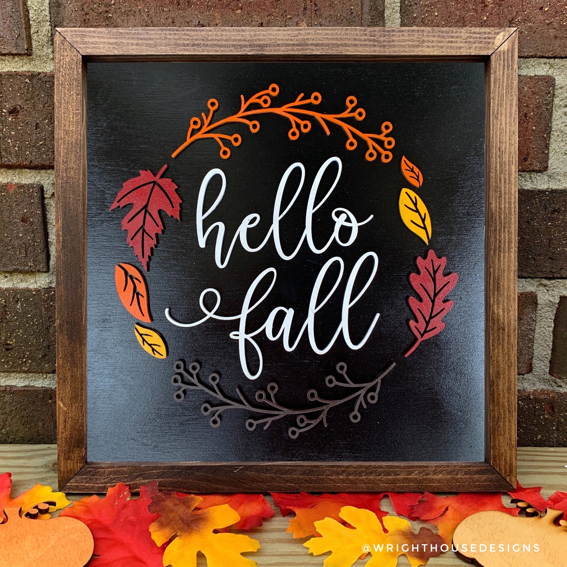Hello Fall - Wooden Coffee Bar Sign - Autumn Cottagecore Home and Kitchen Decor - Console Table Decor - Seasonal Foliage Framed Wall Art