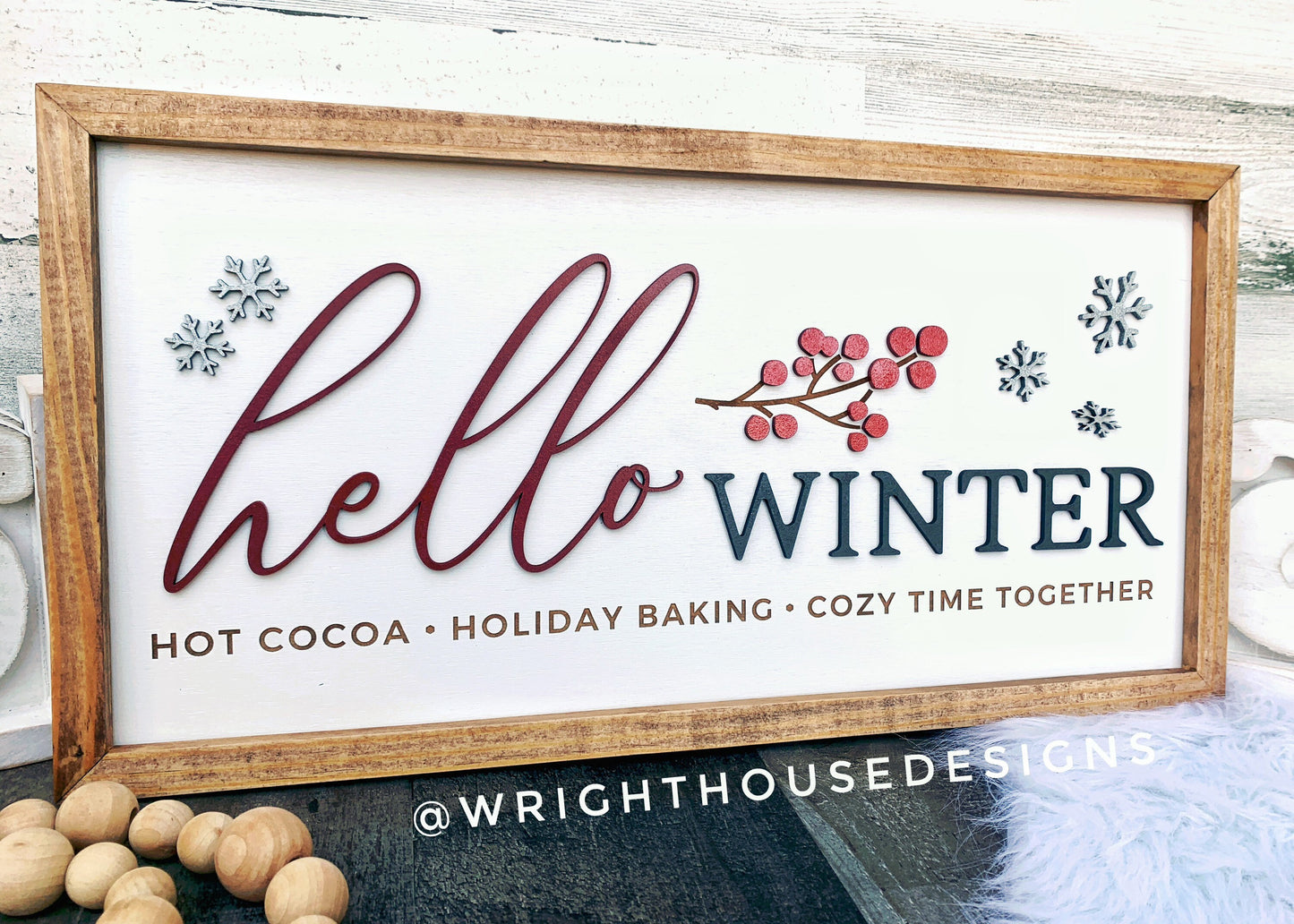 Hello Winter - Festive Yule Coffee Bar Sign - Seasonal Home and Kitchen Decor - Winter Cottagecore - Framed Wall Art - Holiday Decorations