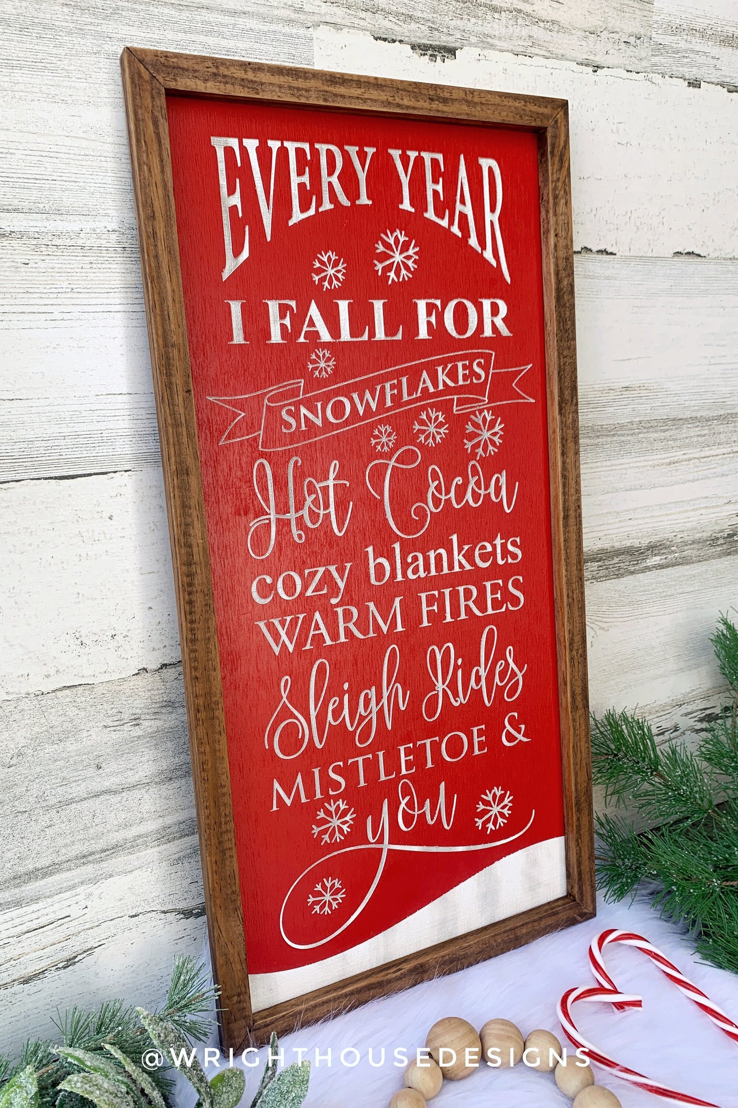 Every Year I Fall For Mistletoe and You - Warm and Cozy Christmas Coffee Bar Sign - Seasonal Winter Home Decor - Framed Wall Art - Wood Sign