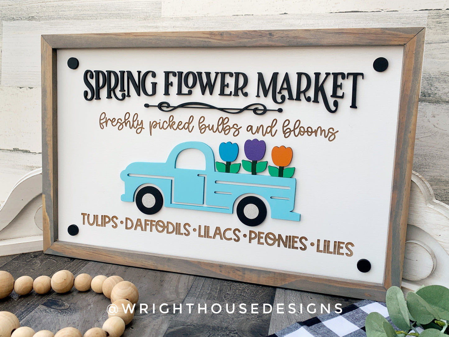 Spring Flower Market - Coffee Bar Sign - Seasonal Farmhouse Home and Kitchen Decor - Handcrafted Wooden Frame Wall Art - Easter Decorations
