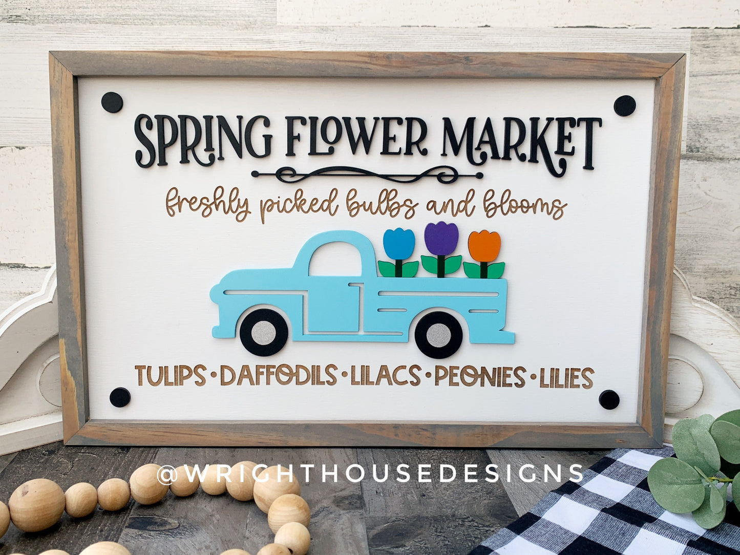 Spring Flower Market - Coffee Bar Sign - Seasonal Farmhouse Home and Kitchen Decor - Handcrafted Wooden Frame Wall Art - Easter Decorations