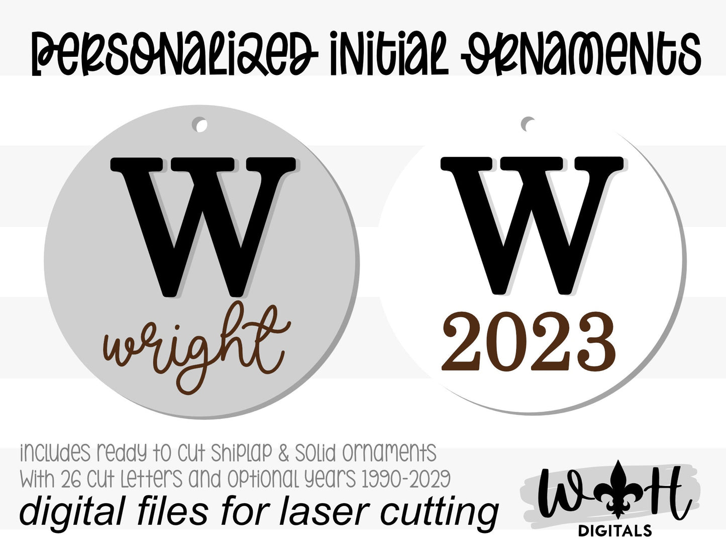 Personalized Initial and Year Christmas Ornaments - Engraved Personalizable Shiplap Ornaments - Cut File For Glowforge - Digital SVG File